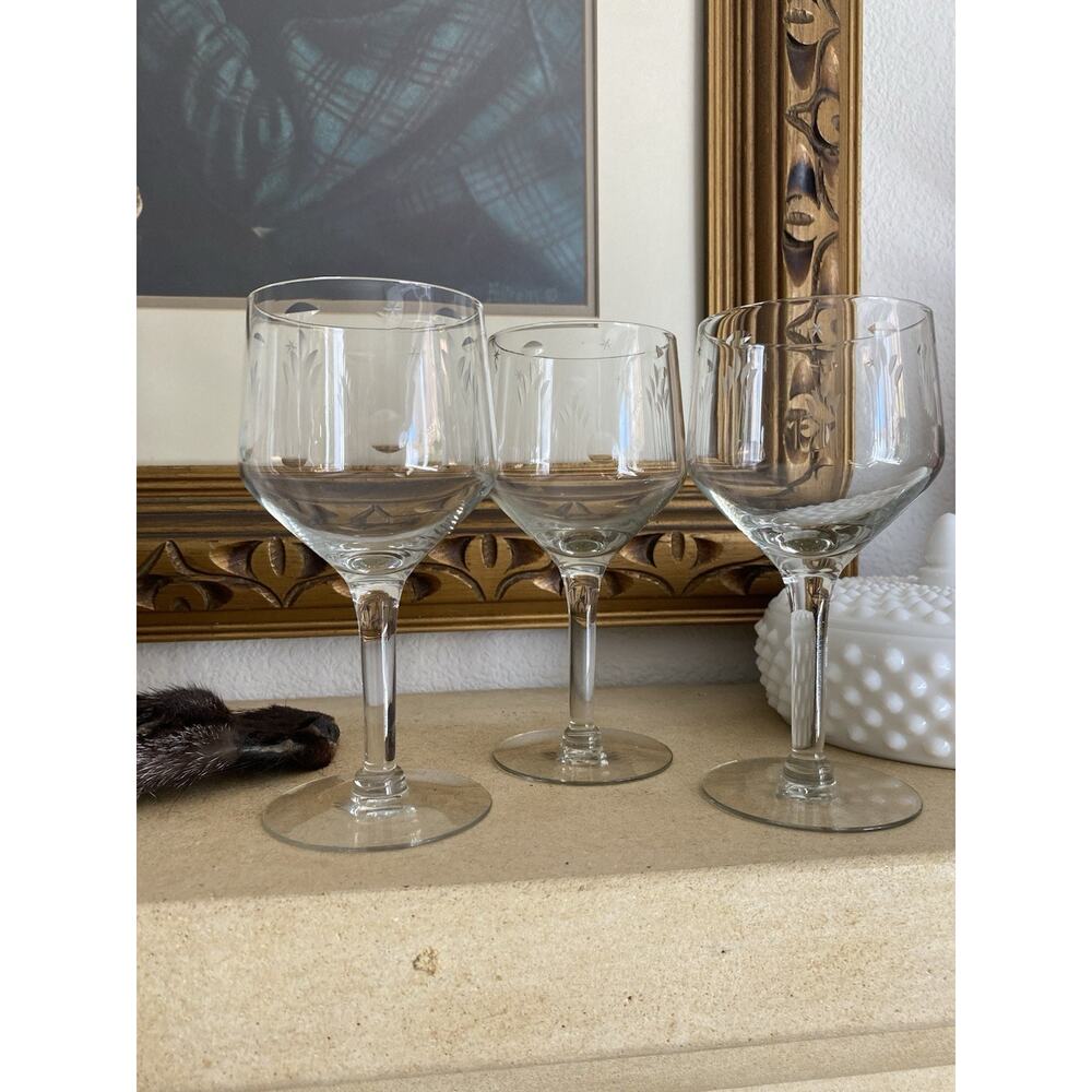 Vintage 1950s Etched Wine Glasses Long Stem Clear Wheat And Stars Set Of 3